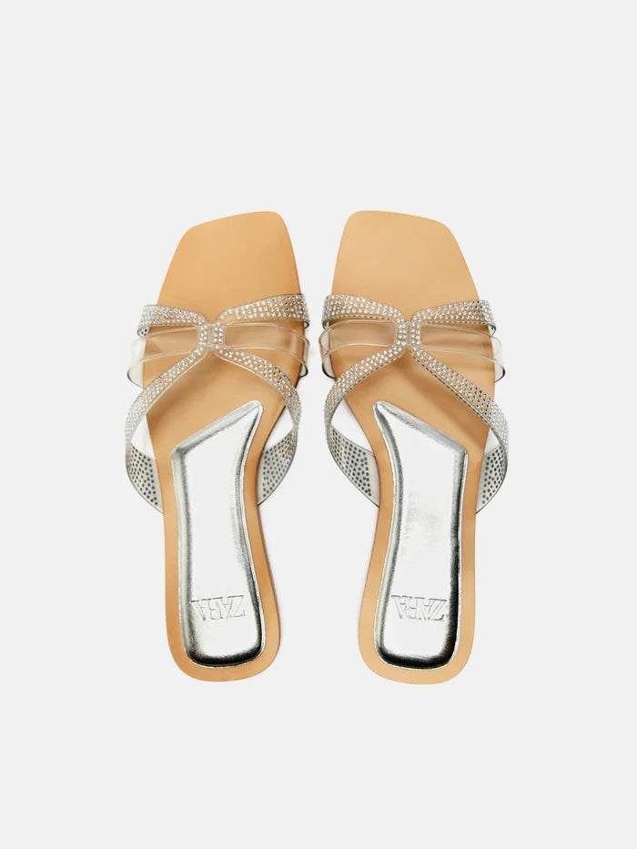 Zara Flat Vinyl Slider Sandals With Rhinestones - Clear