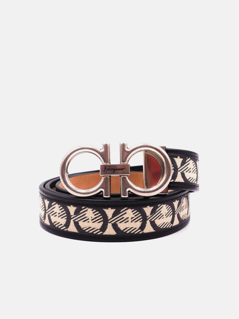 Salvatore Ferragamo Leather Monogram Jacquard Silver Gancini Buckle Belt - Beige/Nero