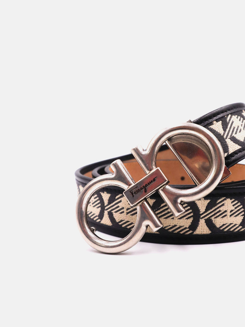 Salvatore Ferragamo Leather Monogram Jacquard Silver Gancini Buckle Belt - Beige/Nero