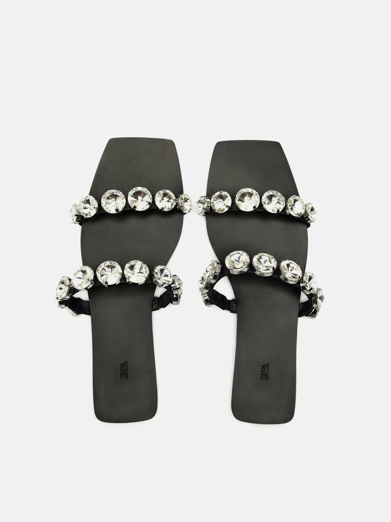 Zara Embellished Flat Leather Sandal- Black